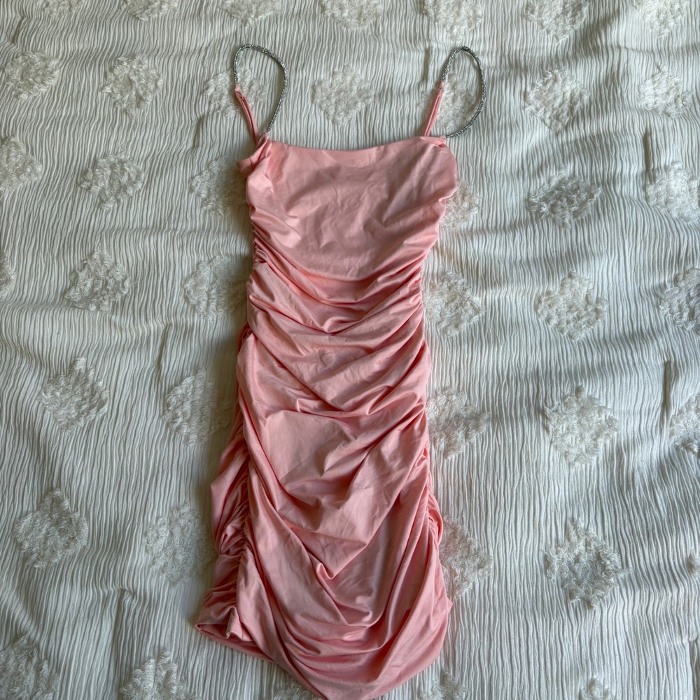 Lucy In‎ The Sky Pink Ruched Rhinestone Strap Bodycon Mini Dress Size M Coquette